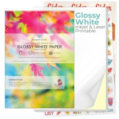 Image of Evergreen Goods 100 Sheet A4 Glossy Sticker Paper White Self Adhesive, Inkjet/Laser Printable Paper, DIY Stickers, Arts &amp; Crafts, Plotter Compatible, Strong Back