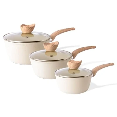 Image of Non Stick Saucepan Set Induction with Lid 3pcs Cream Granite Sauce Pan 16cm, 18cm, 20cm Saucepot by Nuovva