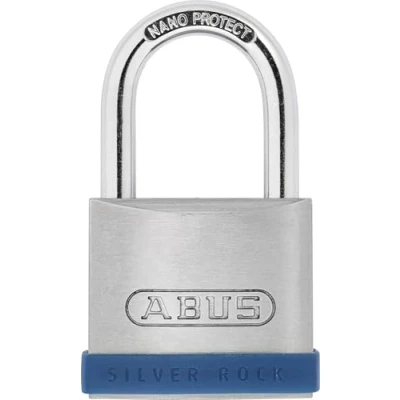 Image of ABUS Silver Rock 5/45 padlock made of solid zinc with silicone protective frame cellar lock and much more security level 6 blue/silver