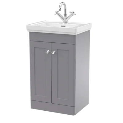 Image of Balterley Traditional Floor Standing 2 Door Vanity Unit with 1 Tap Hole Fireclay Basin, 500mm Satin Grey