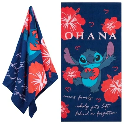 Image of Disney Beach Towel for Kids, 100% Cotton Quick Dry Swimming 70 x 140cm Holiday Essentials (Blue/Red Stitch)