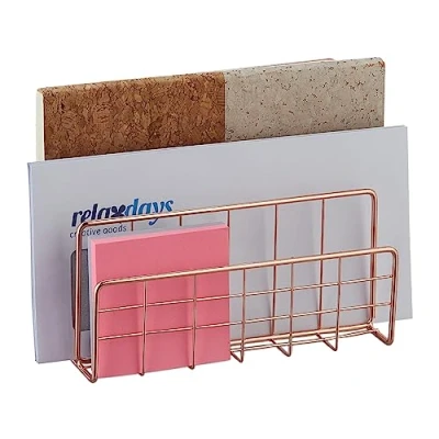Image of Relaxdays Document Holder, Desk Organiser, File Storage, 3 Compartments, Wire, Basket, HxWxD: 14 x 17.5 8cm, Rose Gold, 100% iron, 8 cm