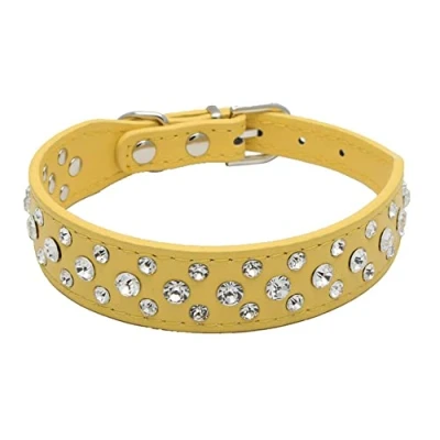 Image of haoyueer Bling Rhinestone PU Leather Crystal Diamond Pet Dog Cat Puppy Collar S M L XL (M, Yellow)