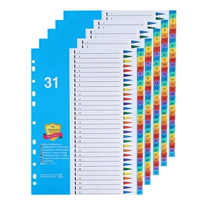 Image of [5 Pack] A4 File Dividers 31 Part Numbered 1 31,31 Index Divider Subject with Numbers Multipunched Reinforced Colour Tabs