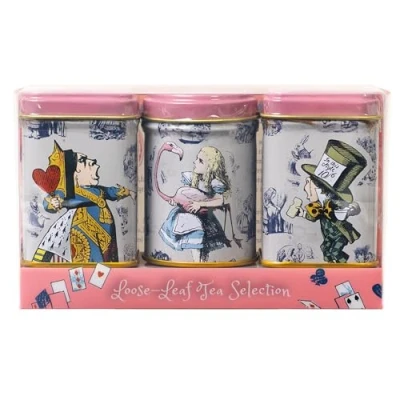 Image of New English Teas Alice in Wonderland Pink 3x Mini Tea Tins with 3 Blends Breakfast, Afternoon &amp; Earl Grey
