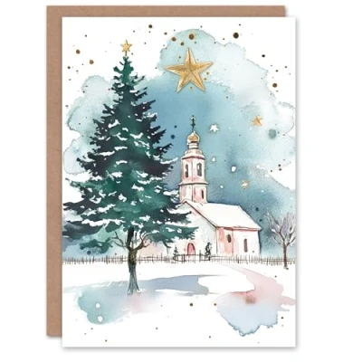 Image of Wee Blue Coo Russian Village Church Tree Festive Fun Xmas Art Blank For All Christmas Card