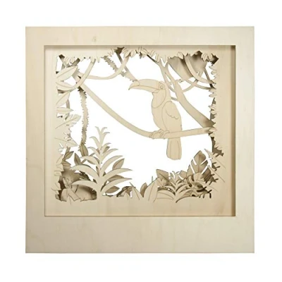 Image of Rayher DIY Shadow Box Building Kit with 3D Jungle Scenery and Toucan, Wood Craft Set 11 slot together Pieces, 53x53x14.5cm, natural wood, 62856505
