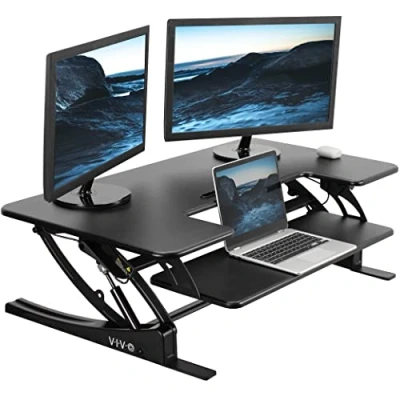 Image of VIVO 107cm Height Adjustable Stand Up DESK Converter, V Series, Quick Sit to Tabletop Dual Monitor Riser Workstation, Black, V000VL