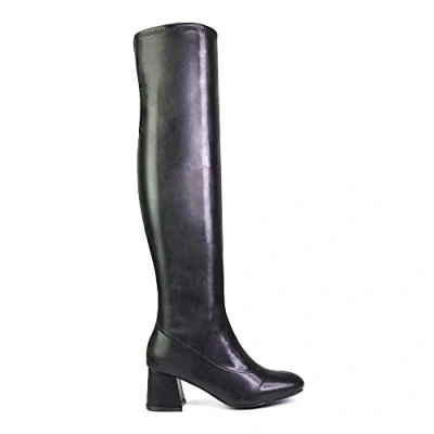 Image of Womens Over The Knee High Boots Ladies Low Heel Square Toe Stretch Calf Black Faux Leather Thigh Size 5