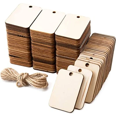 Image of SAVITA 100pcs Unfinished Wood Pieces with Hole Christmas Wooden Rectangle 2m Hemp Rope for Craft Projects, Hanging Ornaments, DIY(2x1.37inch)