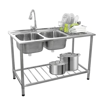 Image of Catering Sink Commercial Stainless Steel Double Bowl Unit and Tap Right Hand Drainer Kitchen Restaurant Storage Shelf