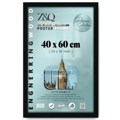 Image of Z&amp;Q Wall Mounted Poster Picture Frame Black 40 x 60 cm Display Painting Photo Print With HD Clear Perspex Both Ways Hanging Hooks MDF Wood 30x15mm Moulding