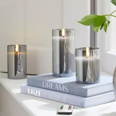 Image of LKH LED Candles 3Pack Flickering Glass Warm White LEDs Unscented Pillar Light with Remote Control Holder Adjustable Brightness Flameless Ideal Home Decor &amp; Gift