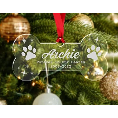 Image of Personalised Dog Bone Memorial Christmas Bauble Puppy Pet Tree Decoration Xmas Gift Any Name Rememberance (Forever in our Hearts)