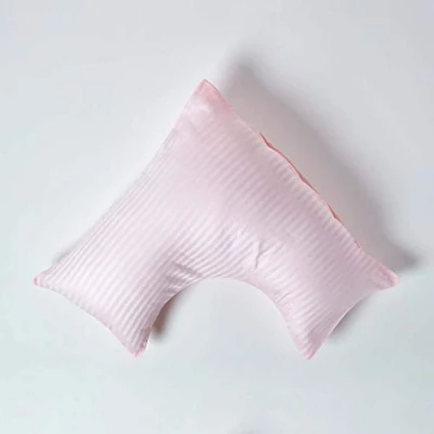 Image of HOMESCAPES Pink Pure Egyptian Cotton V Shape Pillowcase 330 TC 500 Thread Count Percale Equivalent Satin Stripe Pillow Case For Nursing Pregnancy and Elderly