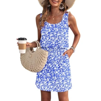 Image of WNEEDU Summer Dresses Women UK Darwstring Beach Emprie Waist Sundresses with Pockets Blue White Floralck L
