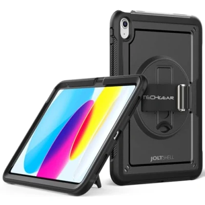 Image of TECHGEAR JOLT SHELL Case for Apple iPad 10th Generation 10.9&quot; / 10 2022 Tough Rugged HEAVY DUTY Shockproof Slim with 360 Rotating Stand &amp; Hand Strap Black