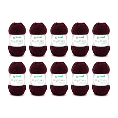 Image of Gründl King Cotton 55% Polyacrylic &amp; 45% Knitting Crochet Yarn 50g/78m Needle Size 6 7 10 x 50g Burgundy