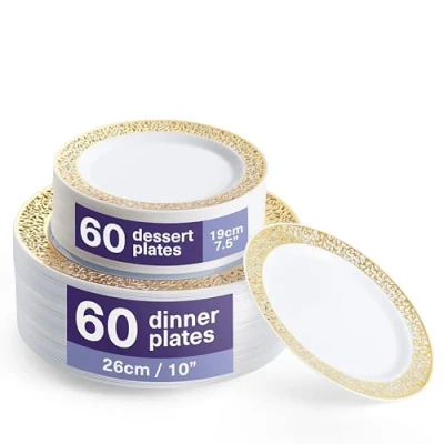 Image of MATANA 120 Premium White Plastic Plates with Gold Lace Rim 60 26cm Dinner Plates, 19cm Dessert Elegant &amp; Reusable Party Tableware for Weddings, Birthdays, BBQ, Parties