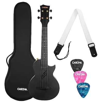 Image of CASCHA Concert Ukulele Set Carbon Fiber Starter Kit with 3 Picks and Bag Fluorocarbon Strings Small Hawaiian Guitar for Beginners Advanced Black