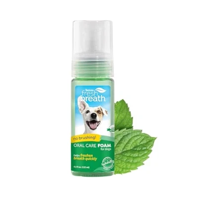 Image of TropiClean Fresh Breath Dog Teeth Cleaning Foam Dental Care Solution Freshener Oral for Bad, Smelly Derived from Natural Ingredients, Mint, 4.5oz