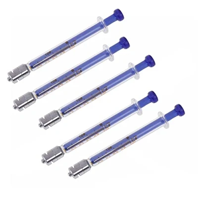 Image of 5 Pack Glass Syringes with Caps, 1ml Blue Luer Lock Reusable Syringe, Metal Caliber Injector Laboratory Sampler for