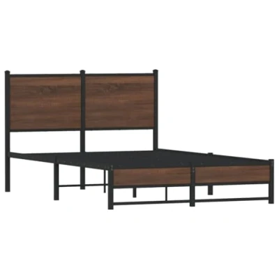 Image of vidaXL Metal Bed Frame with Headboard Brown Oak Modern Double Bedstead Steel and Storage Space 207 x 125 91.5 cm Fits 120x200 Mattress