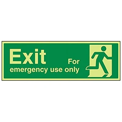 Image of V Safety Exit For Emergency Use Only Man Right Sign 450mm x 150mm Self Adhesive Vinyl
