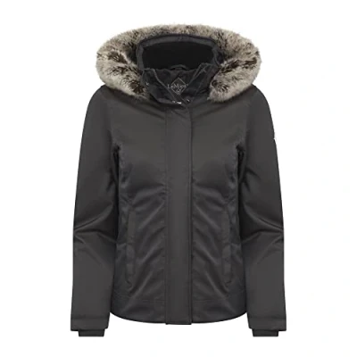 Image of LeMieux Waterproof Short Coat in Grey Taped Seams 2 Way Zip Warm Rain Jacket for Horse Riding, Walking &amp; Hiking Faux Fur Detachable Trim Hood UK 12