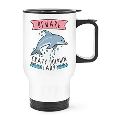 Image of Beware Crazy Dolphin Lady Travel Mug Cup with Handle