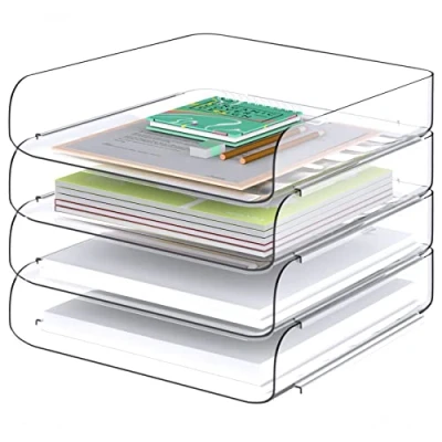 Image of Tomorotec Desk Letter Tray Set, A4 Size Clear PET Stackable Document Organizer Office Desktop File Paper Holder Book Storage Rack Side Load Anti Skid Stacking Support Convex Bottom (4X Portrait)