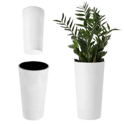 Image of KADAX Tall Planter, Round Eco Friendly Plant Pot for Indoor and Outdoor Use, Large Flower Made from Recycled Wood Shavings (White, 25.5 cm)