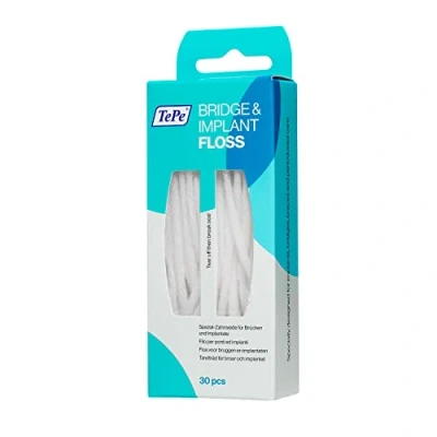 Image of TePe Bridge &amp; Implant Floss, 30pcs, Wide Dental Floss Suitable for Braces, Bridges, and implants, efficient Plaque Remover Tool in Between The Teeth