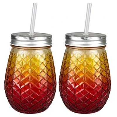 Image of Red Yellow Ombre Mason Jars Cocktail Drink Glasses Cups Mugs 450ml with Lids and Straws 2