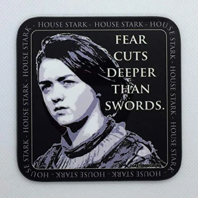 Image of Fear Cuts Deeper Than Swords Arya Stark from Game of Thrones Drinks Coaster Hardboard 9cm x Gloss Finish