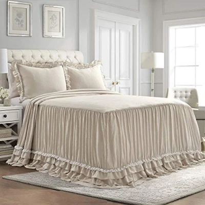 Image of Lush Decor Ella Vintage Chic Ruffle Lace Bedspread Neutral Farmhouse Style Lightweight 3 Piece Set Queen, Polyester