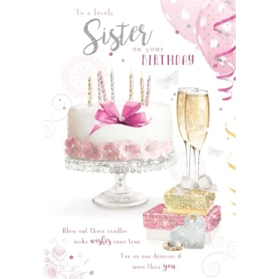Image of Noel Tatt Lovely Sister Birthday Card Celebration Cake, Champagne and Gifts Eco Friendly Recyclable