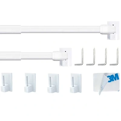 Image of 2Pcs Net Curtain Rods Extendable, Adjustable Rod for Walls, Extendable White Cupboard, Windows with 4PCS Self Adhesive Rod&#039;s Hooks(90 150CM/35.43 59.05Inch, White)