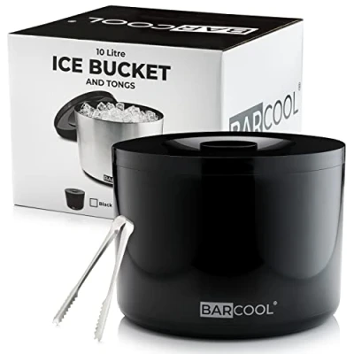 Image of Barcool Ice Bucket with Lid and Tongs 10 Litre Round &amp; Double Walled Insulation Perfect for Home Bars, Pubs, Restaurants, BBQs Picnics (Black)
