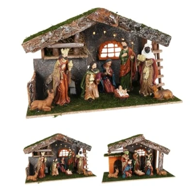 Image of Carousel Home Large Traditional Christmas Nativity Set with 8 Beautiful Detailed Figures LED Stable Ornament and Resin Statues Crib Scene 30x50cm Design Varies One Supplied