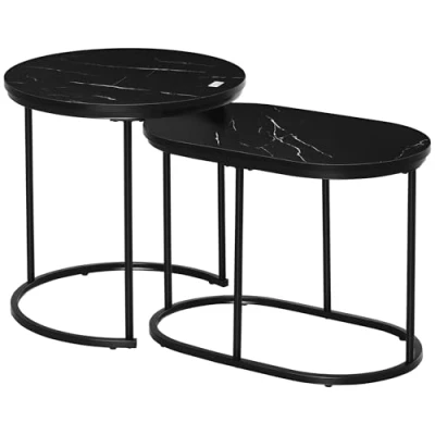 Image of HOMCOM Modern Coffee Table Set of 2, Nest Tables with Steel Frame and Faux Marble Tabletop, Side for Living Room Bedroom, Black