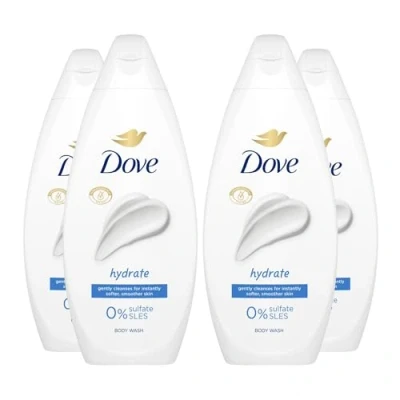 Image of Dove Body Wash 0% Sulfate SLES for Women Made with Naturally Derived Cleansers and Plant Based Moisturiseres Gently Cleanses Softer Smoother Skin, 225ml (4 Pack, Hydrate)