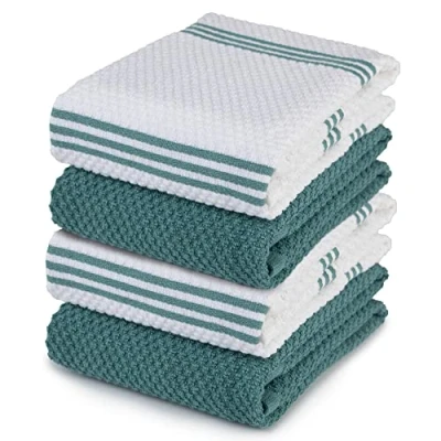 Image of 100% Cotton Terry Tea Towel Blue Aqua Plain &amp; Stripe Pattern, Pack of 4 Kitchen Set Absorbent, Strong, Quick Dry Machine Washable Home Bathroom Accessories