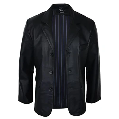 Image of Mens Real Leather Jacket Black Smart Casual Classic Blazer Retro Vintage