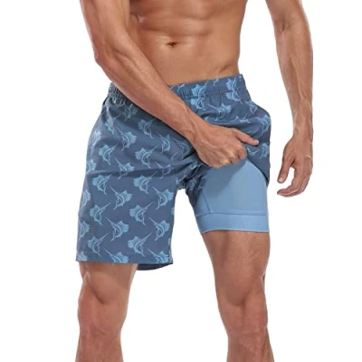 Image of LRD Men&#039;s Swim Trunks with Compression Liner 7 Inch Inseam Quick Dry Shorts, Sailfish / Blue, X Large