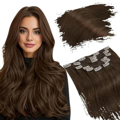 Image of Ugeat 20inch Hair Extensions Clip in Chocolate Brown Human Real Double Weft #4