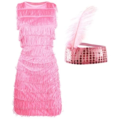 Image of Pink Flapper Dress Small Childs Fancy Costume with Fringing Matching Sequin Headband and Feather 1920s Charleston