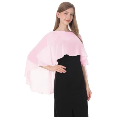 Image of Baoqiya Chiffon Capes Soft Shawls and Wraps Capelets for Bridesmaid Wedding Formal Party Evening Dresses Pink One Size