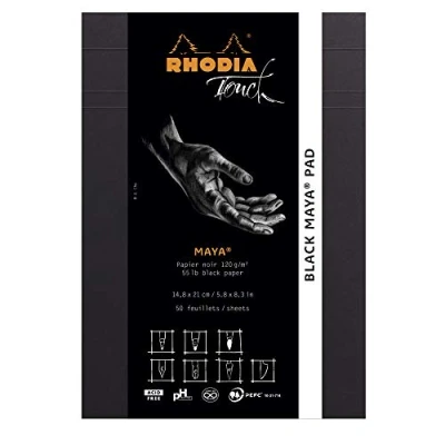 Image of RHODIA TOUCH 116110C Black Maya Pad A5 50 Sheets Clairefontaine Plain Paper 120 g/m for Calligraphy and Precise Drawing with Pencil, Liner, Pen
