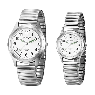 Image of JewelryWe Pair of Watches Analogue Quartz Partner Friendship Wristwatch Elastic Metal Strap Ultra Thin Watch with Illuminating Hands Gift for Men Women Silver, Silver Couple Watches, Bracelet